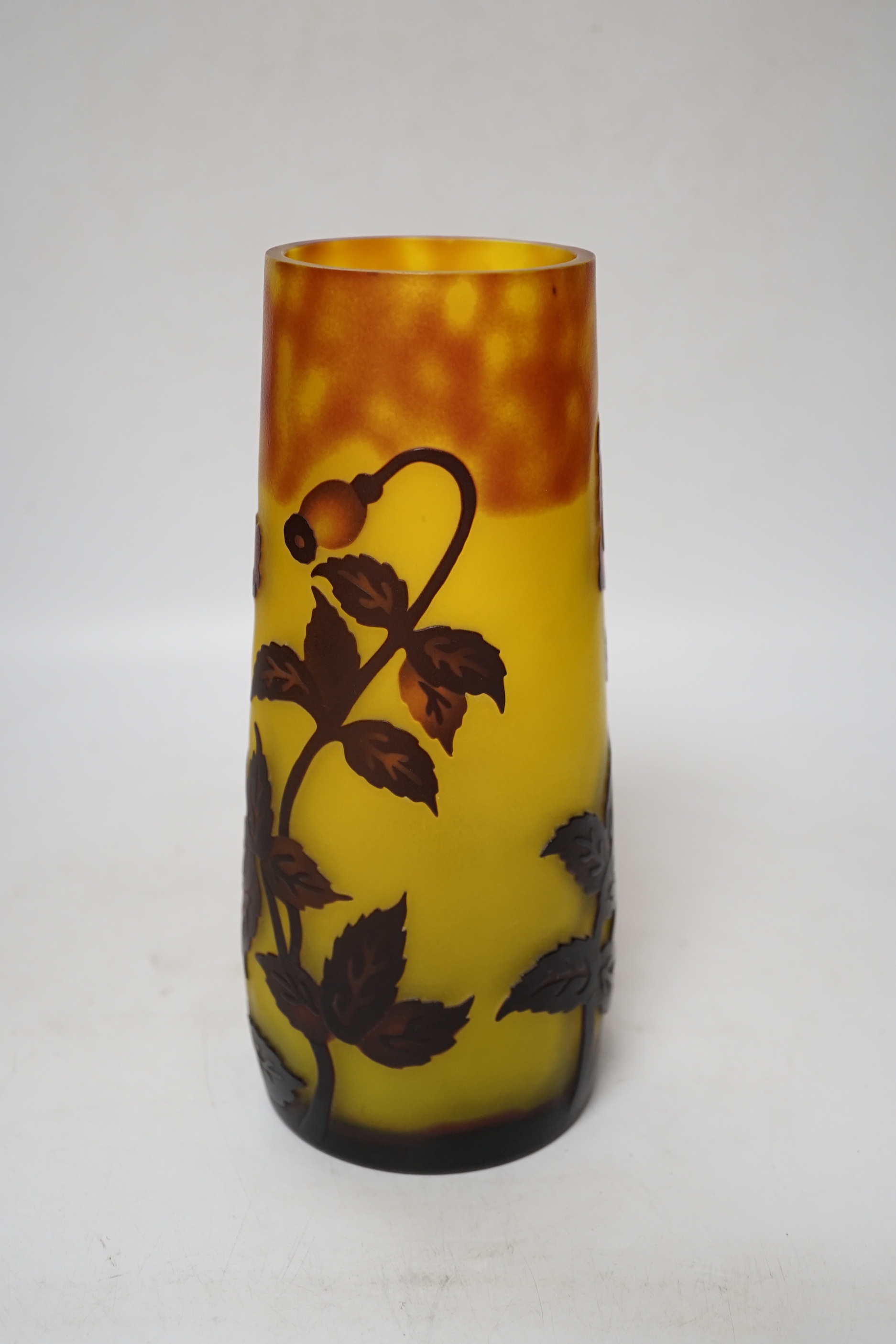 A Cameo glass vase in the style of Galle, decorated with poppies on yellow ground 22m high